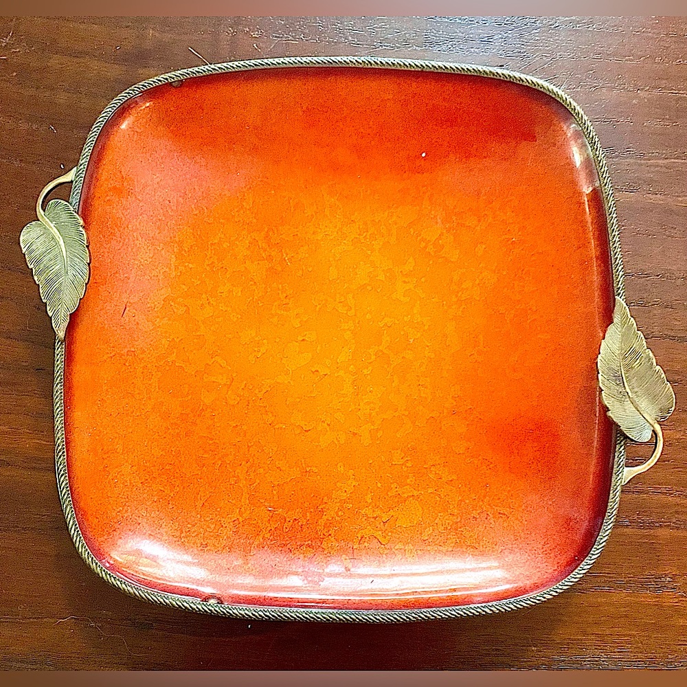 Vintage Evans Hand Enameled Square Dish w/ brass edging & 2 Leaves circa 1950